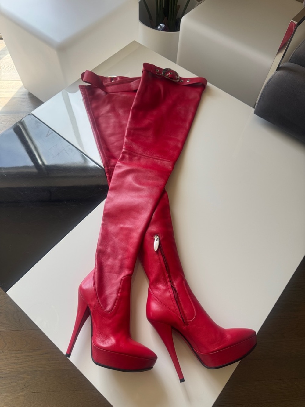 Loriblu Italian real Red Leather Over-the-Knee Platform Stiletto Boots